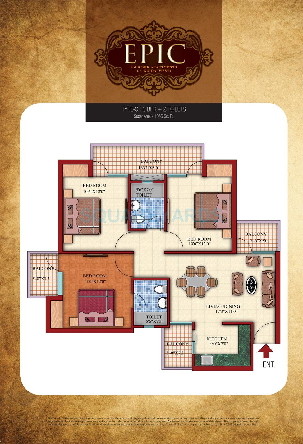 Floor plan of 3 BHK 1365 Sq. Ft. Apartment in Shubhkamna Epic, Greater Noida