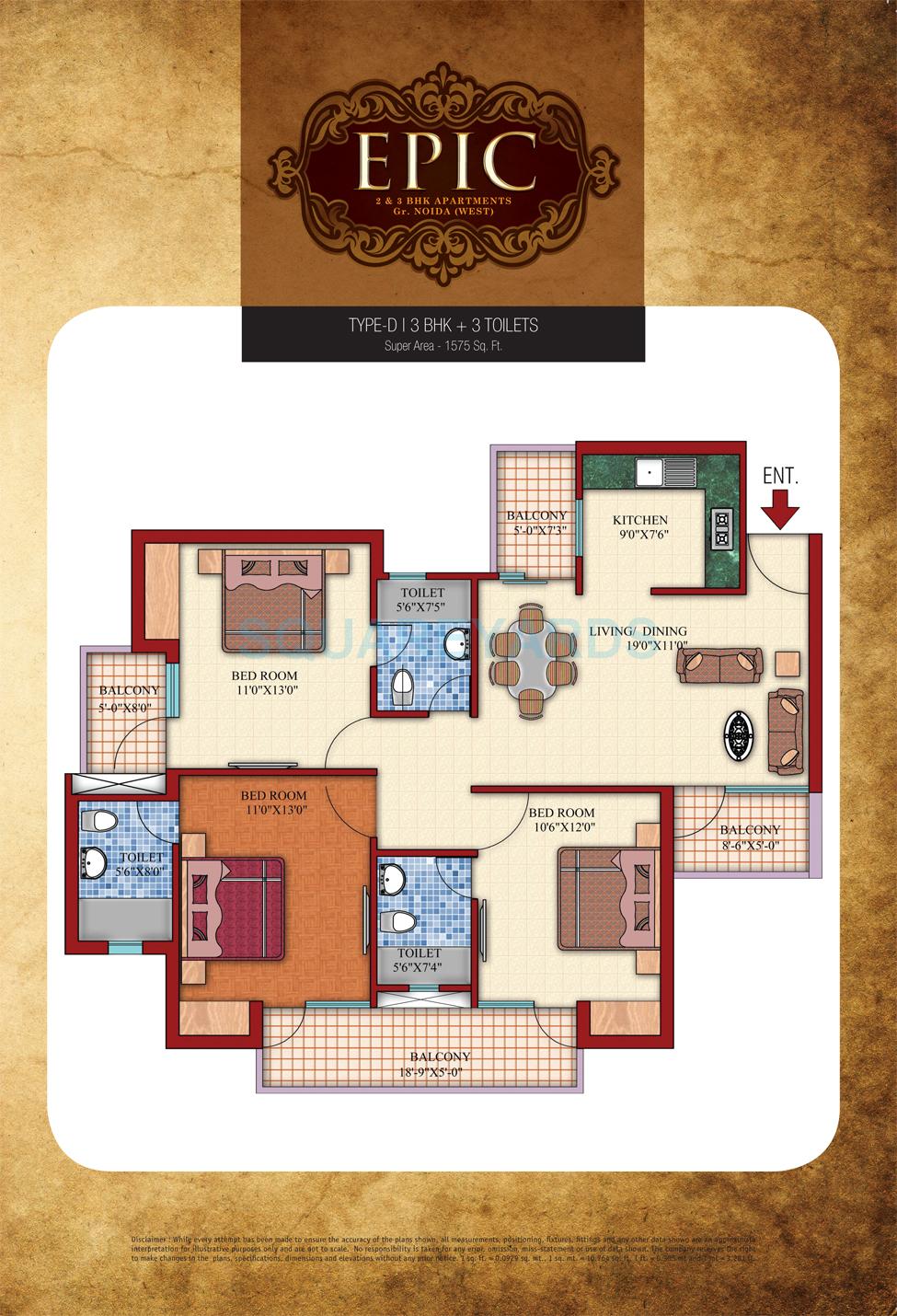Floor plan of 3 BHK 1575 Sq. Ft. Apartment in Shubhkamna Epic, Greater Noida