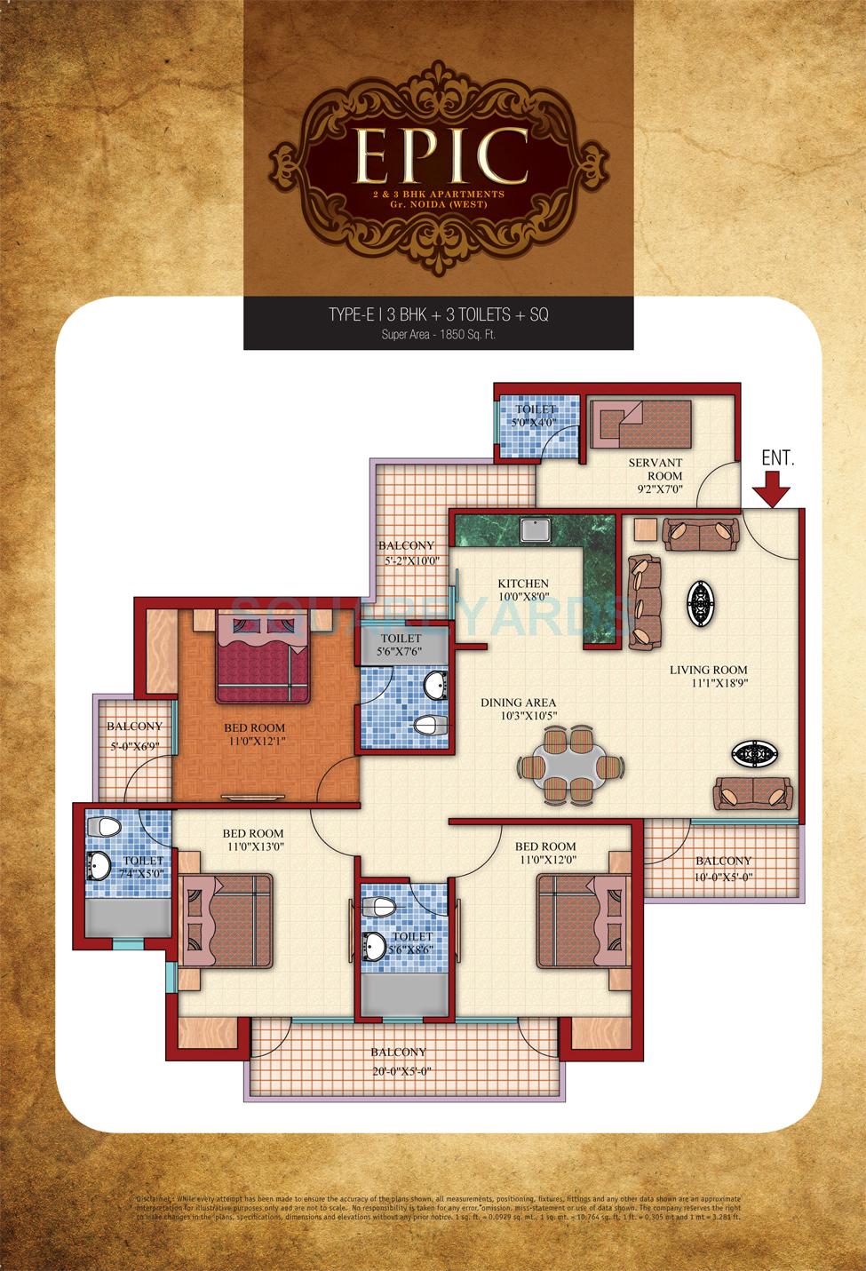 Floor plan of 3 BHK 1850 Sq. Ft. Apartment in Shubhkamna Epic, Greater Noida