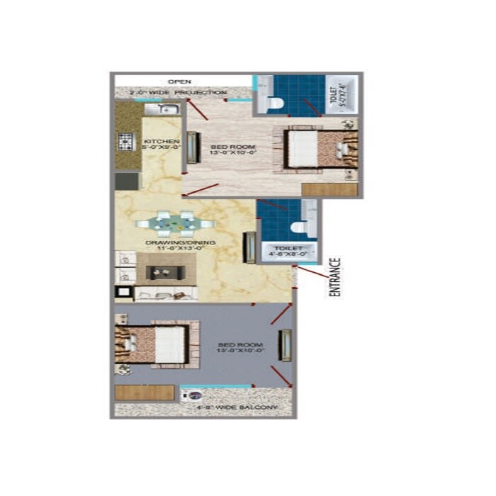 2 BHK 900 Sq. Ft. Apartment