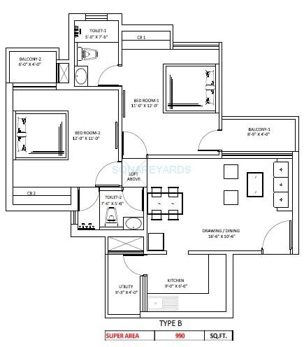Floor plan of 2 BHK 990 Sq. Ft. Apartment in Sikka Kaamya Greens, Greater Noida