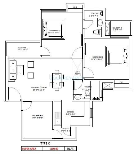 Floor plan of 3 BHK 1100 Sq. Ft. Apartment in Sikka Kaamya Greens, Greater Noida