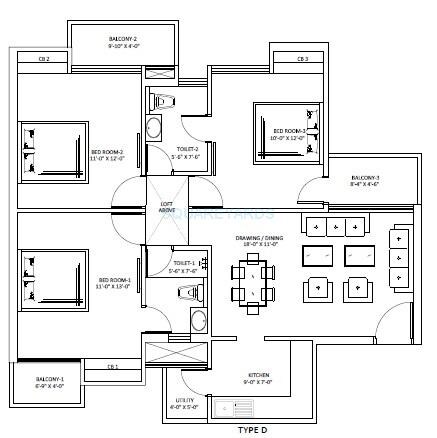 Floor plan of 3 BHK 1315 Sq. Ft. Apartment in Sikka Kaamya Greens, Greater Noida