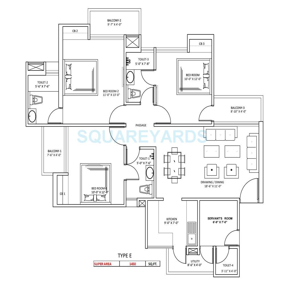Floor plan of 3 BHK 1400 Sq. Ft. Apartment in Sikka Kaamya Greens, Greater Noida