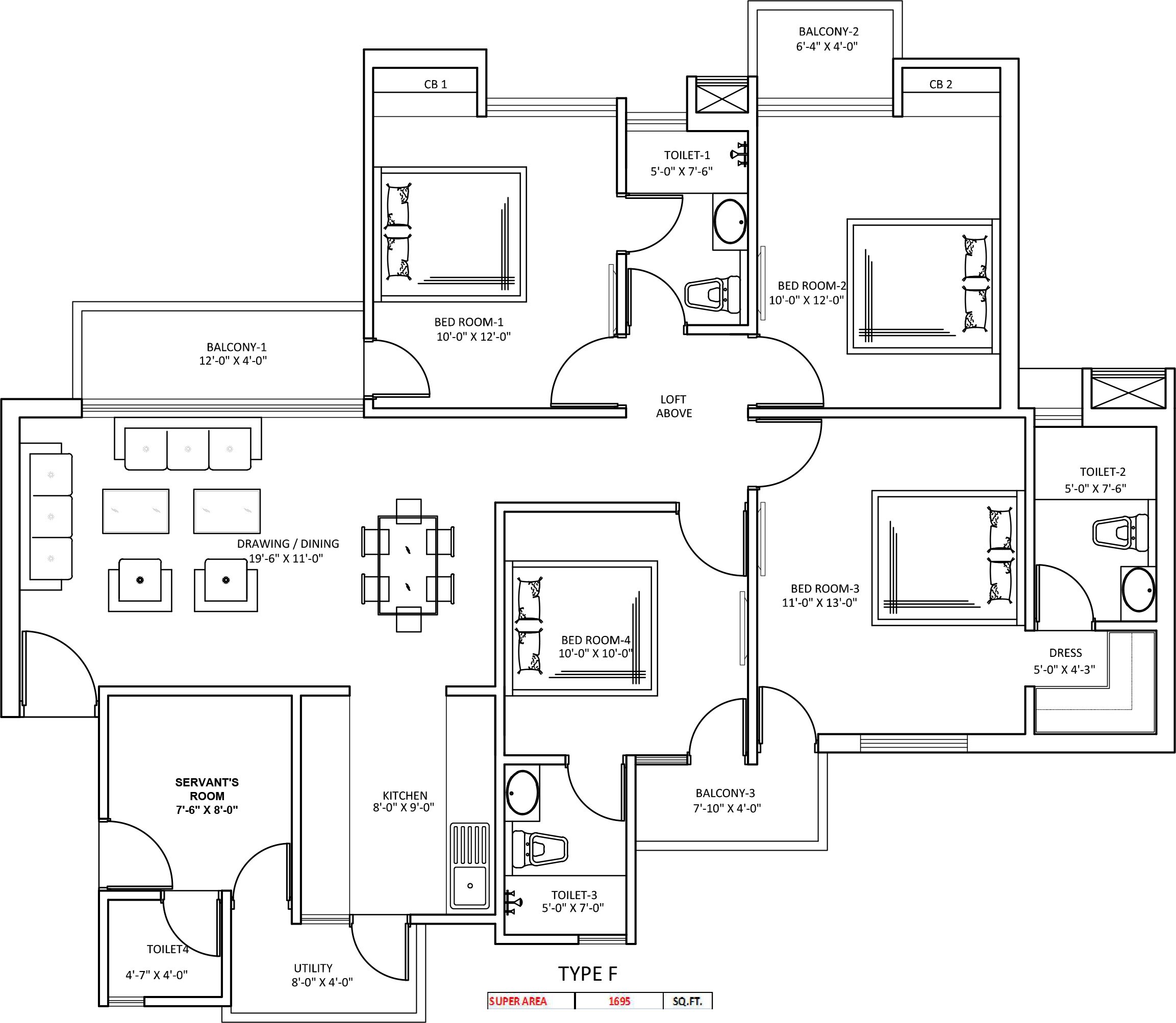 Floor plan of 4 BHK 1695 Sq. Ft. Apartment in Sikka Kaamya Greens, Greater Noida