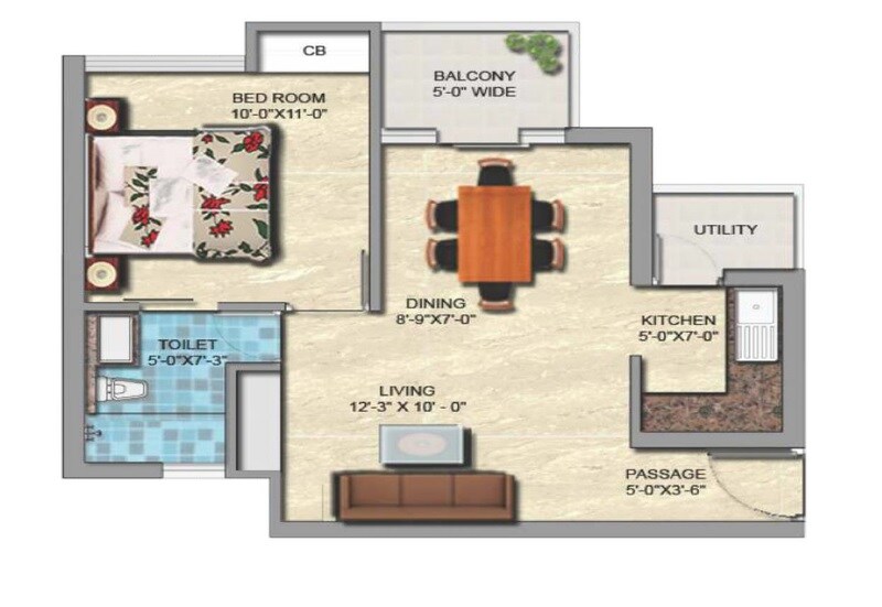 Floor plan of 1 BHK 640 Sq. Ft. Apartment in Sikka Kanak Greens, Greater Noida