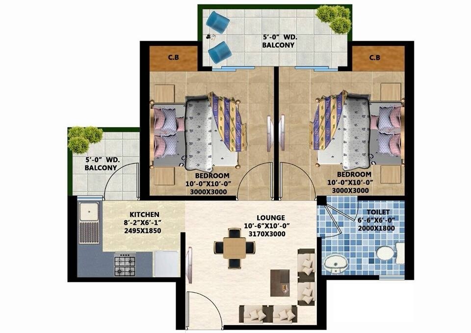 Floor plan of 2 BHK 715 Sq. Ft. Apartment in Sikka Kanak Greens, Greater Noida
