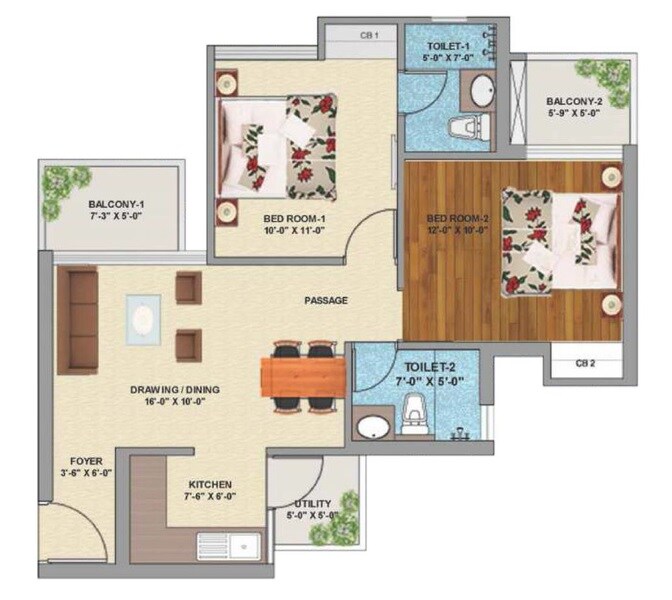 Floor plan of 2 BHK 890 Sq. Ft. Apartment in Sikka Kanak Greens, Greater Noida
