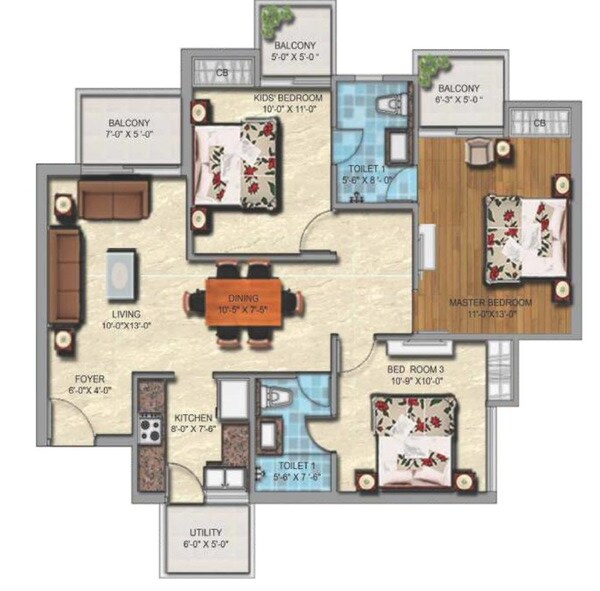 Floor plan of 3 BHK 1295 Sq. Ft. Apartment in Sikka Kanak Greens, Greater Noida