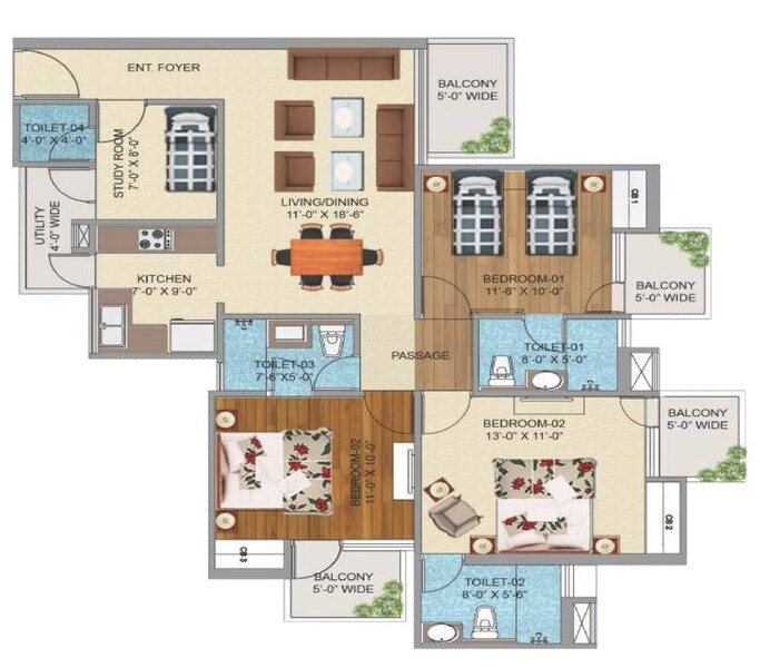Floor plan of 3 BHK 1450 Sq. Ft. Apartment in Sikka Kanak Greens, Greater Noida