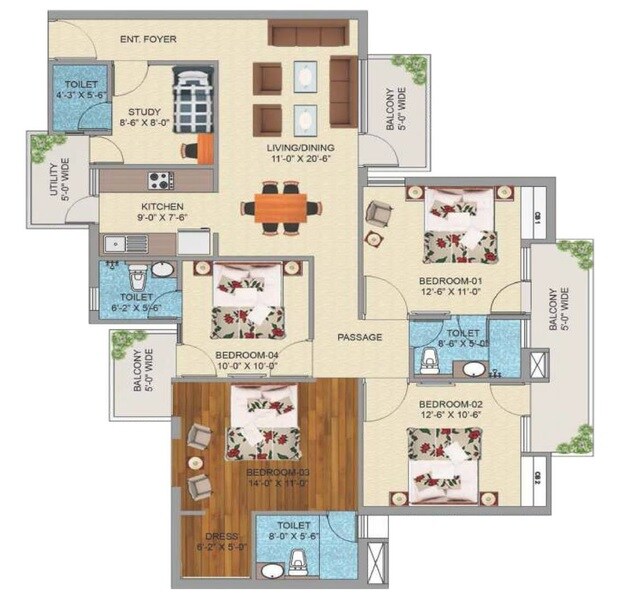 Floor plan of 4 BHK 1930 Sq. Ft. Apartment in Sikka Kanak Greens, Greater Noida