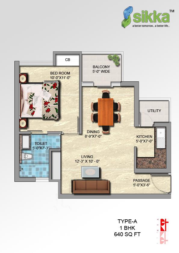 Floor plan of 1 BHK 640 Sq. Ft. Apartment in Sikka Kirat Greens, Greater Noida