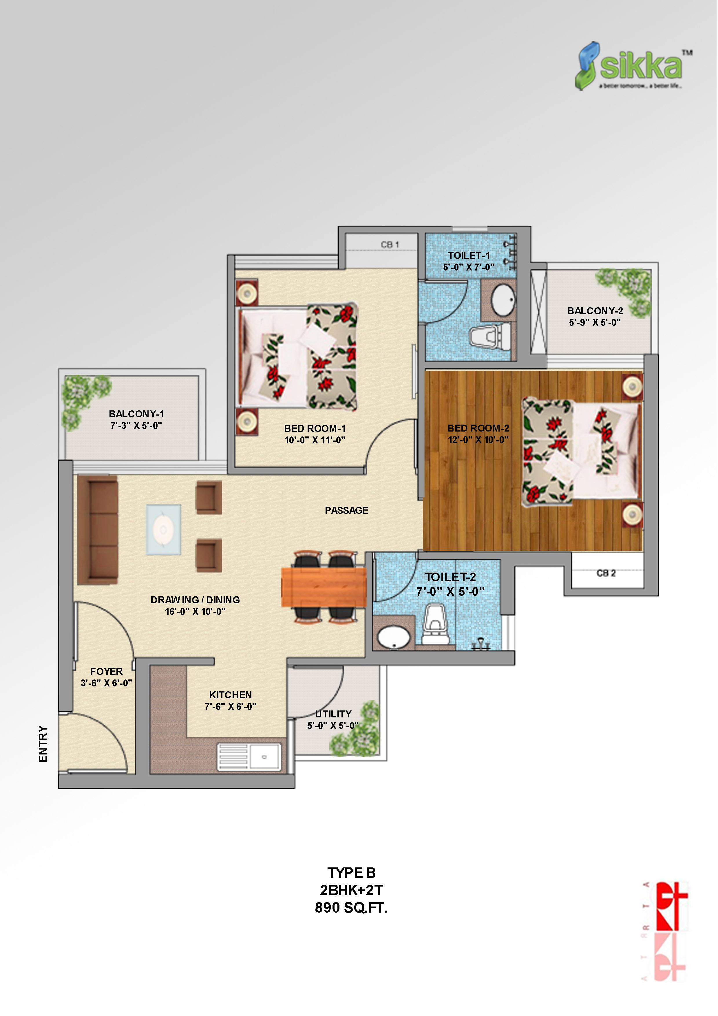 Floor plan of 2 BHK 890 Sq. Ft. Apartment in Sikka Kirat Greens, Greater Noida