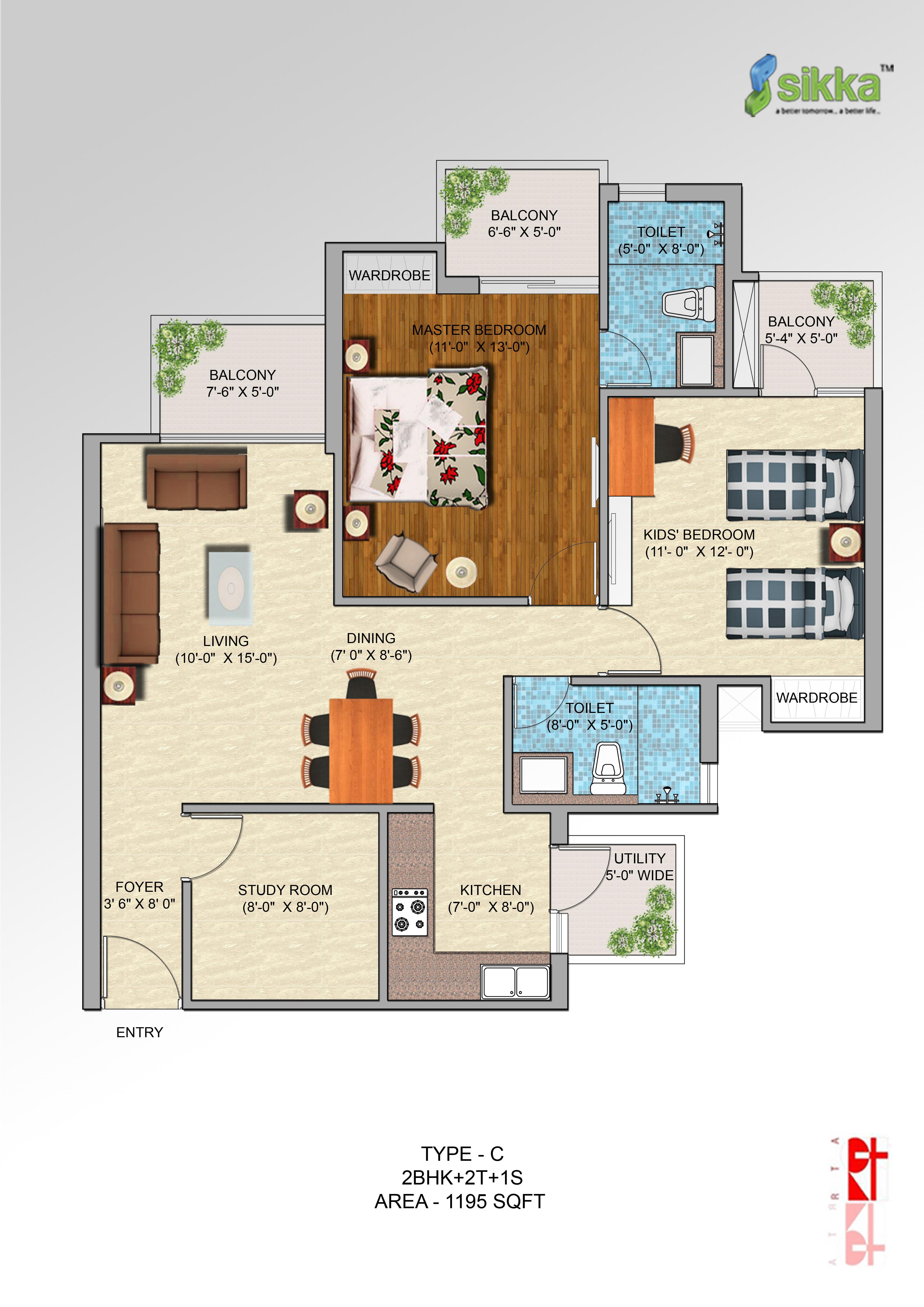 Floor plan of 2 BHK 1195 Sq. Ft. Apartment in Sikka Kirat Greens, Greater Noida