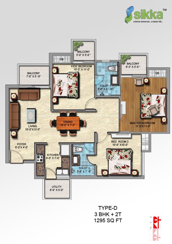 Floor plan of 3 BHK 1295 Sq. Ft. Apartment in Sikka Kirat Greens, Greater Noida