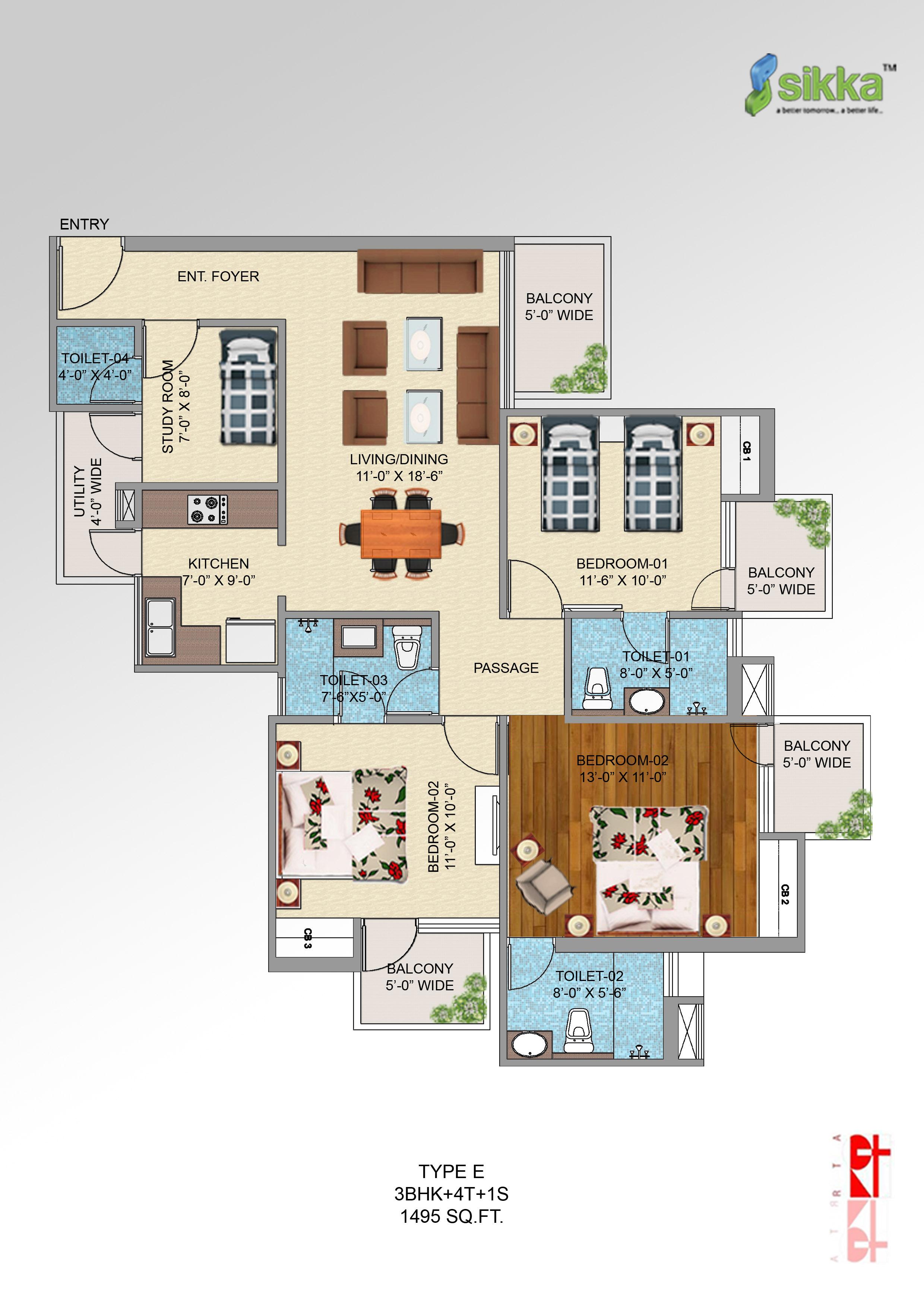 Floor plan of 3 BHK 1495 Sq. Ft. Apartment in Sikka Kirat Greens, Greater Noida