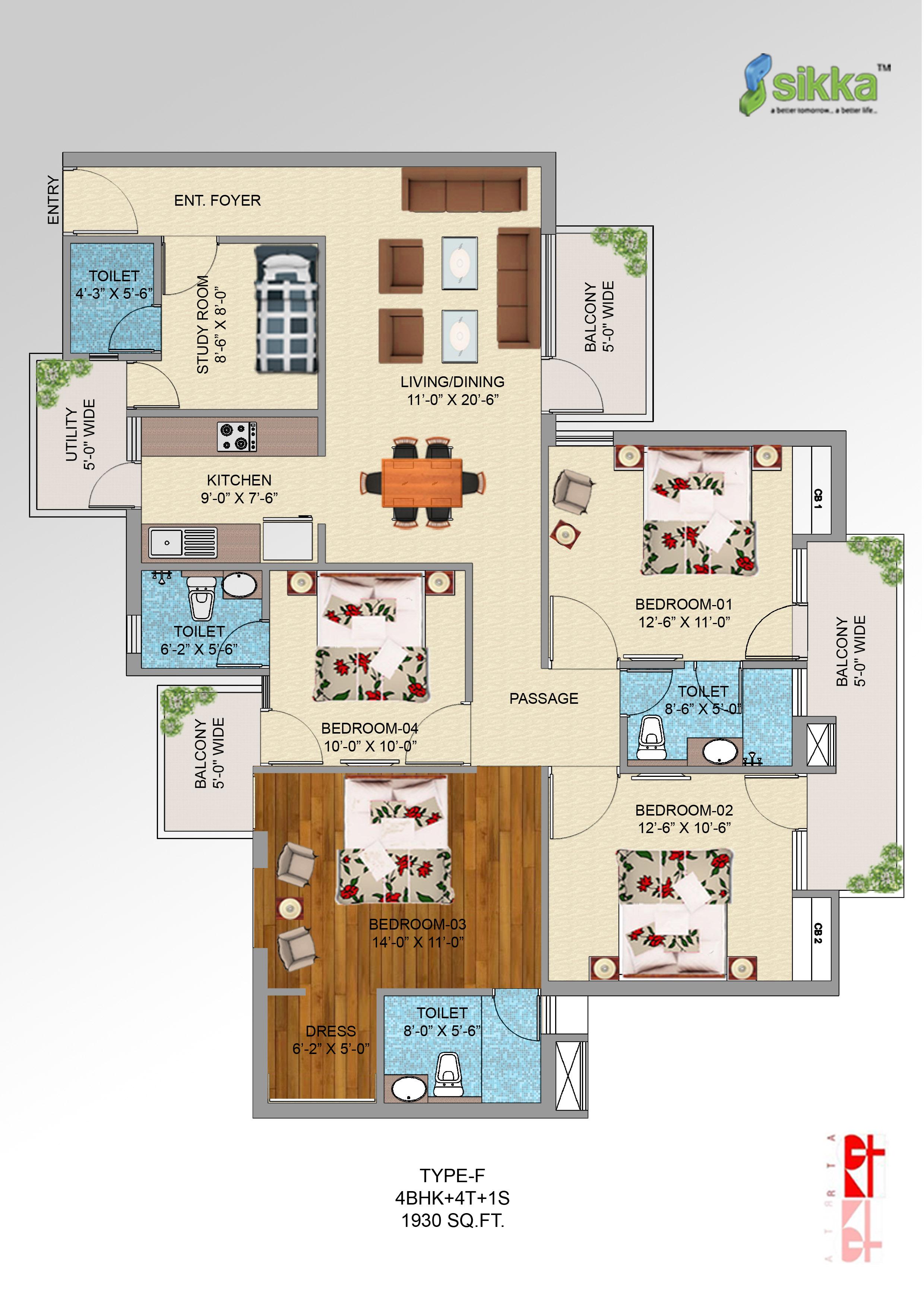 Floor plan of 4 BHK 1930 Sq. Ft. Apartment in Sikka Kirat Greens, Greater Noida