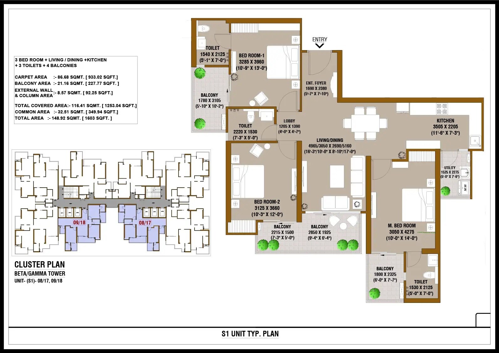 Floor plan of 3 BHK 1603 Sq. Ft. Apartment in SKA Destiny One, Greater Noida