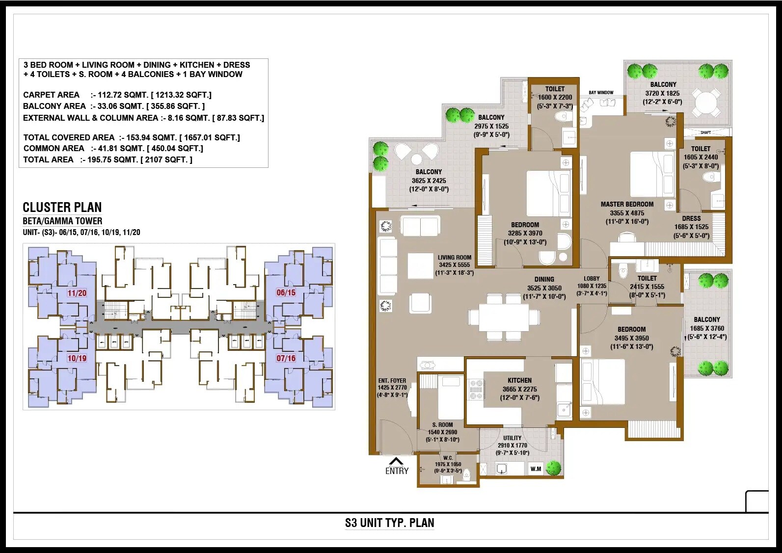 Floor plan of 3 BHK 2107 Sq. Ft. Apartment in SKA Destiny One, Greater Noida
