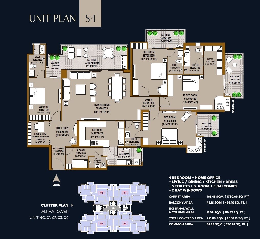 Floor plan of 4 BHK 3007 Sq. Ft. Apartment in SKA Destiny One, Greater Noida