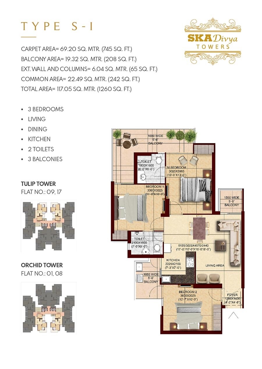 Floor plan of 3 BHK 1260 Sq. Ft. Apartment in SKA Divya Towers, Greater Noida