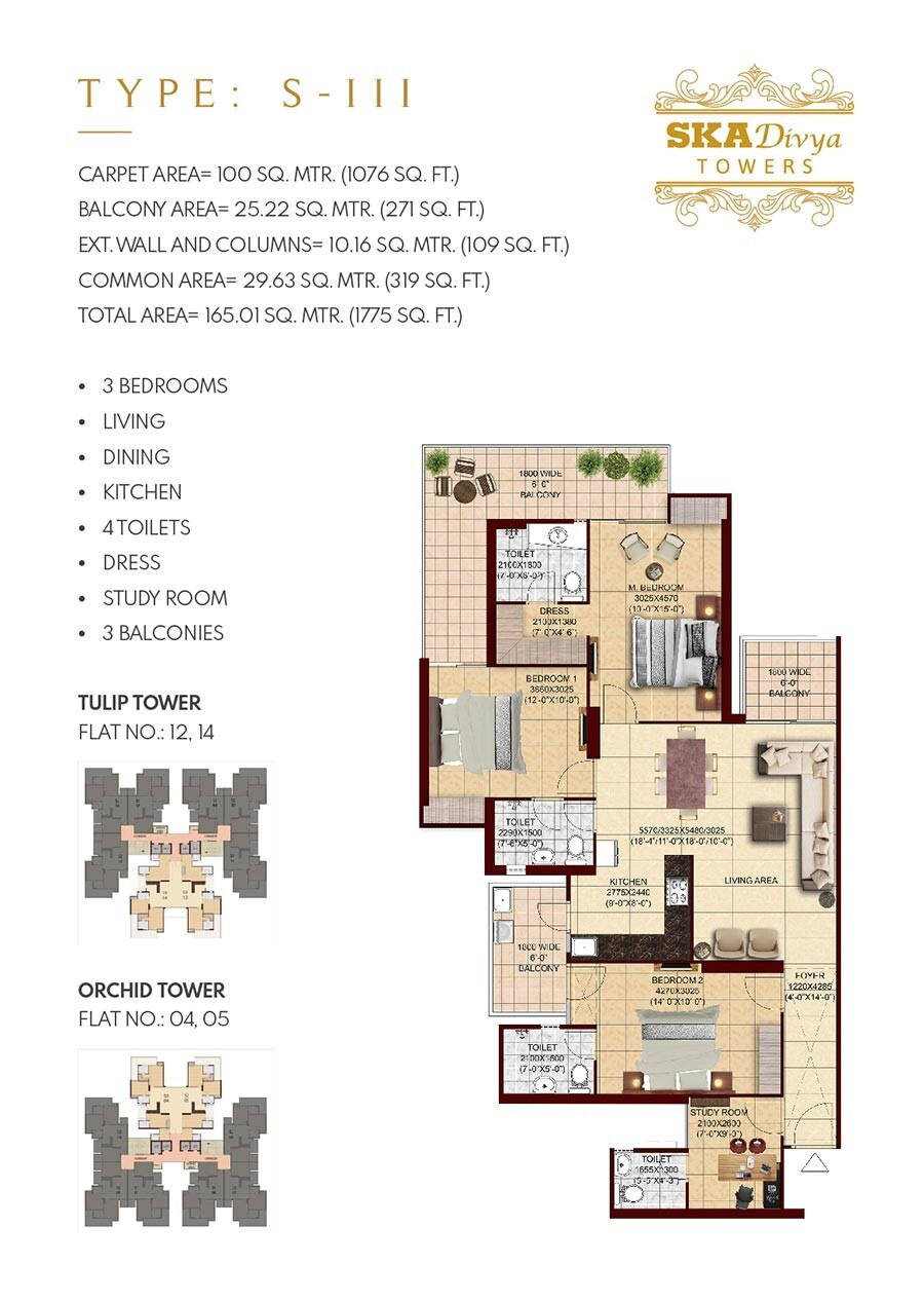 Floor plan of 3 BHK 1775 Sq. Ft. Apartment in SKA Divya Towers, Greater Noida