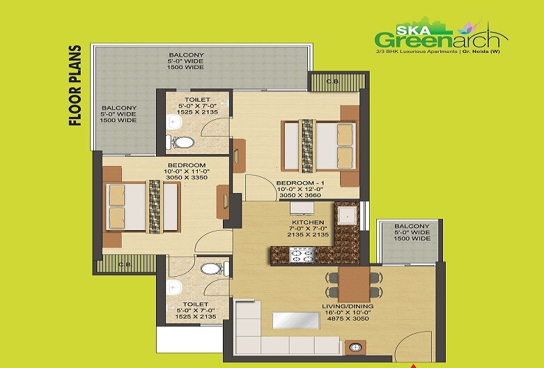 Floor plan of 2 BHK 1000 Sq. Ft. Apartment in SKA Greenarch, Greater Noida