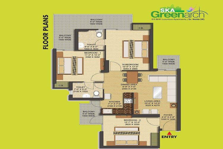 Floor plan of 3 BHK 1220 Sq. Ft. Apartment in SKA Greenarch, Greater Noida