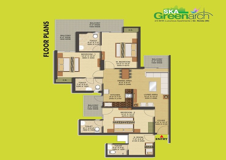 Floor plan of 3 BHK 1600 Sq. Ft. Apartment in SKA Greenarch, Greater Noida