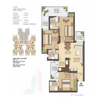 Floor plan of 3 BHK 1285 Sq. Ft. Apartment in SKA Metro Ville, Greater Noida