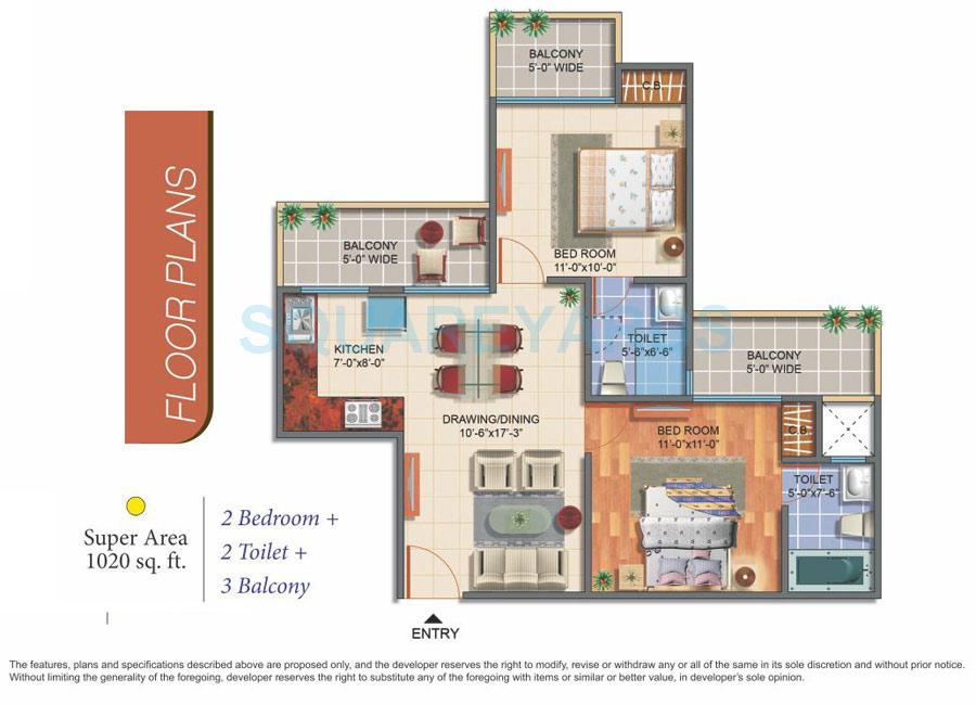 Floor plan of 2 BHK 1020 Sq. Ft. Apartment in Skytech Colour Avenue, Greater Noida