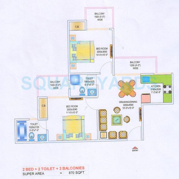 Floor plan of 2 BHK 870 Sq. Ft. Apartment in Skytech Colour Avenue, Greater Noida