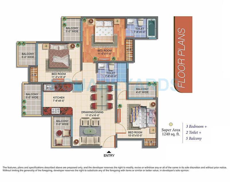 Floor plan of 3 BHK 1240 Sq. Ft. Apartment in Skytech Colour Avenue, Greater Noida