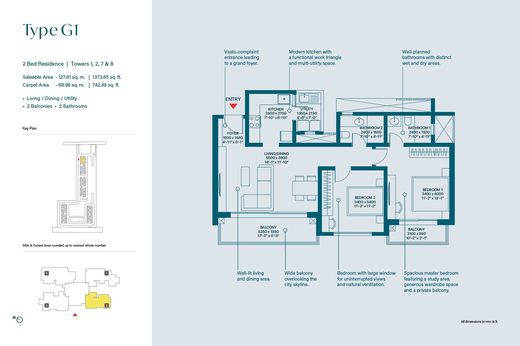 Floor plan of 2 BHK 1373 Sq. Ft. Apartment in Sobha Rivana, Greater Noida