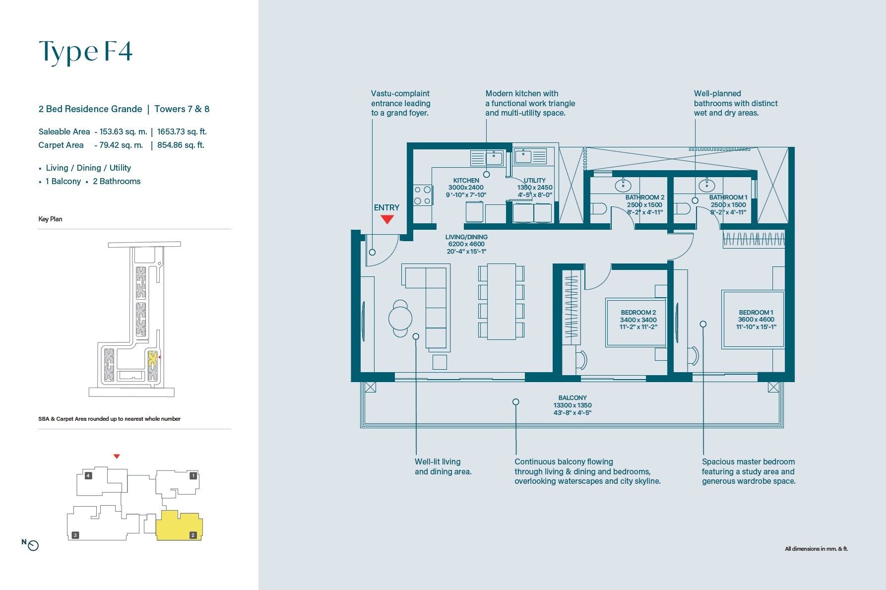 Floor plan of 2 BHK 1653 Sq. Ft. Apartment in Sobha Rivana, Greater Noida