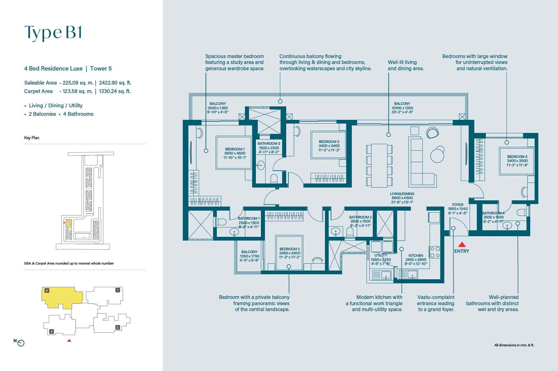 Floor plan of 4 BHK 2422 Sq. Ft. Apartment in Sobha Rivana, Greater Noida