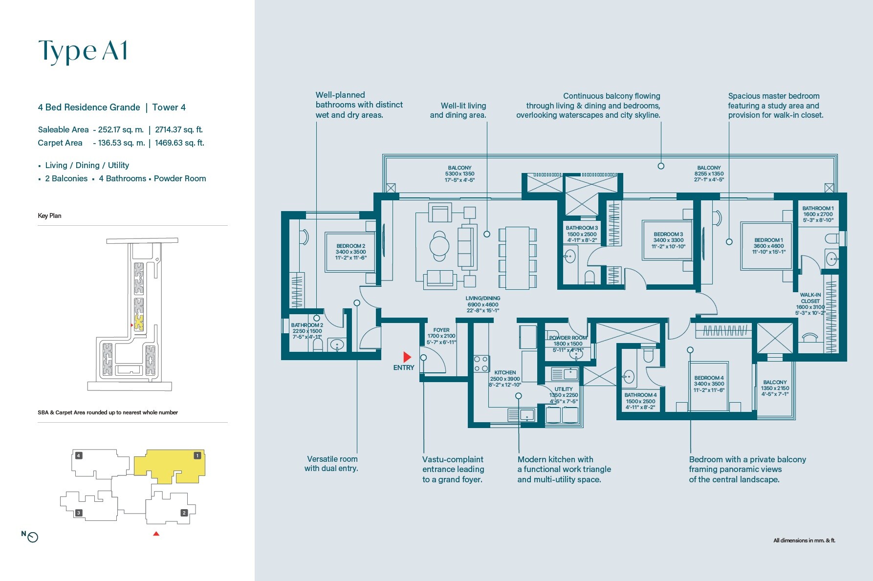Floor plan of 4 BHK 2714 Sq. Ft. Apartment in Sobha Rivana, Greater Noida