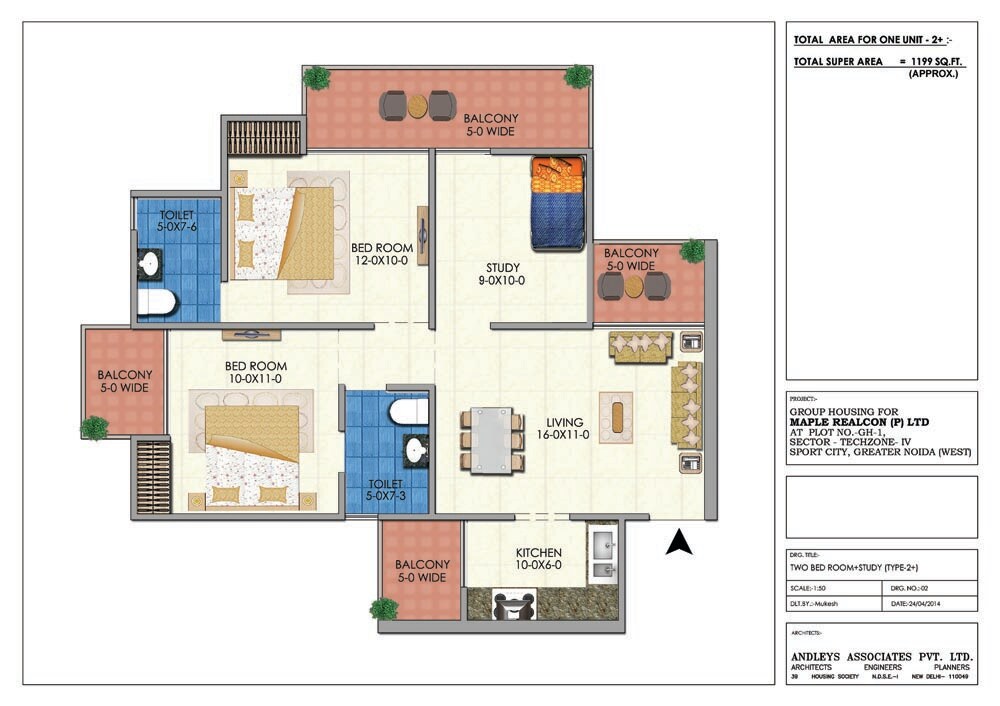 Floor plan of 2 BHK 1199 Sq. Ft. Apartment in Soho Mascot Misty Heights, Greater Noida
