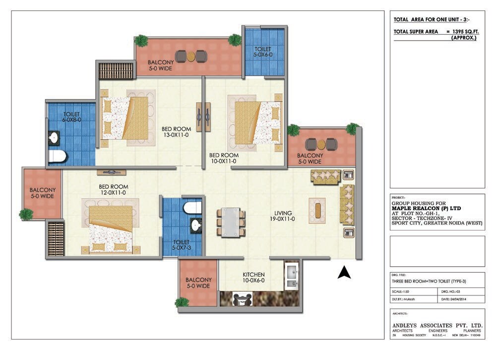 Floor plan of 3 BHK 1395 Sq. Ft. Apartment in Soho Mascot Misty Heights, Greater Noida