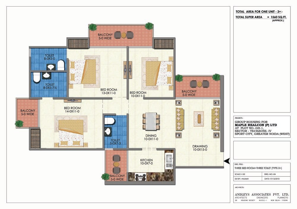 Floor plan of 3 BHK 1560 Sq. Ft. Apartment in Soho Mascot Misty Heights, Greater Noida