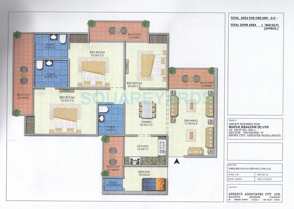 Floor plan of 3 BHK 1868 Sq. Ft. Apartment in Soho Mascot Misty Heights, Greater Noida