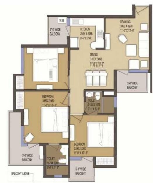 Floor plan of 3 BHK 1373 Sq. Ft. Apartment in Solitairian City Turbo, Greater Noida