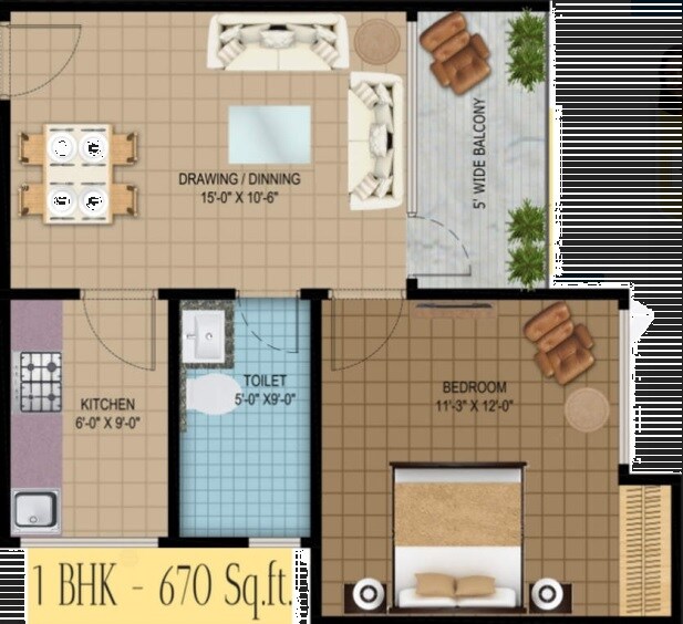 Floor plan of 1 BHK 670 Sq. Ft. Apartment in Solitairian Estate, Greater Noida