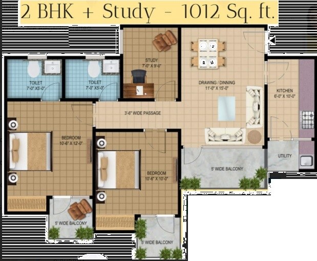 Floor plan of 2 BHK 1012 Sq. Ft. Apartment in Solitairian Estate, Greater Noida