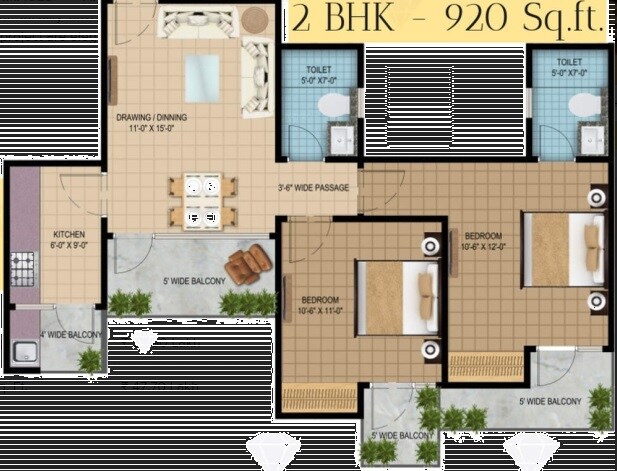 Floor plan of 2 BHK 920 Sq. Ft. Apartment in Solitairian Estate, Greater Noida