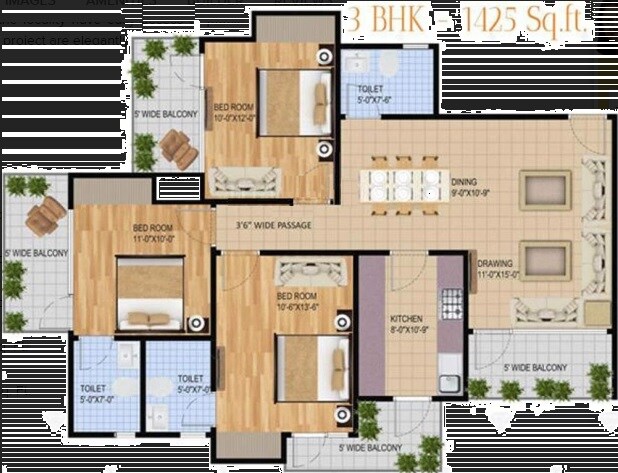 Floor plan of 3 BHK 1425 Sq. Ft. Apartment in Solitairian Estate, Greater Noida
