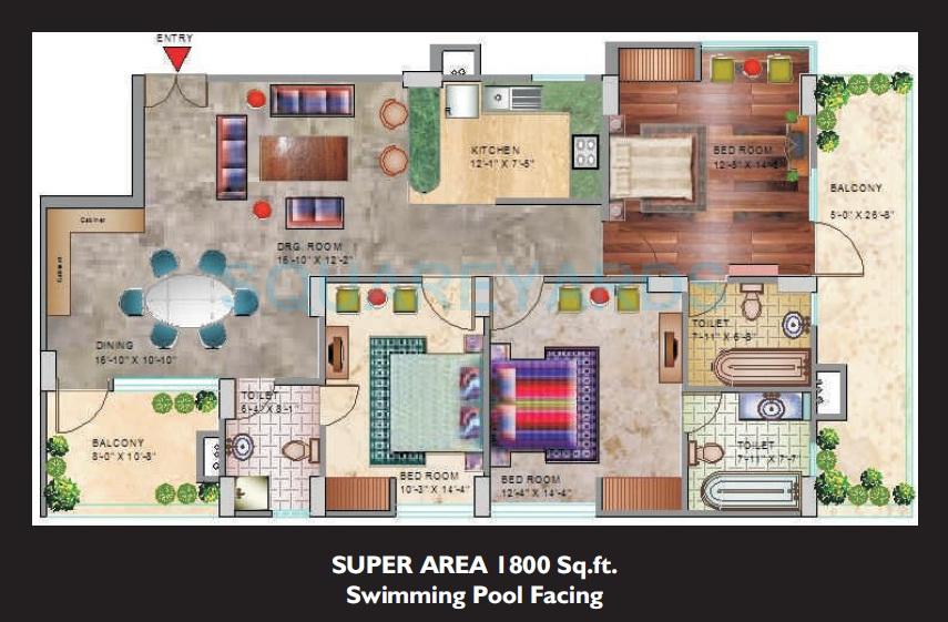 Floor plan of 3 BHK 1800 Sq. Ft. Apartment in Spark Divine, Greater Noida