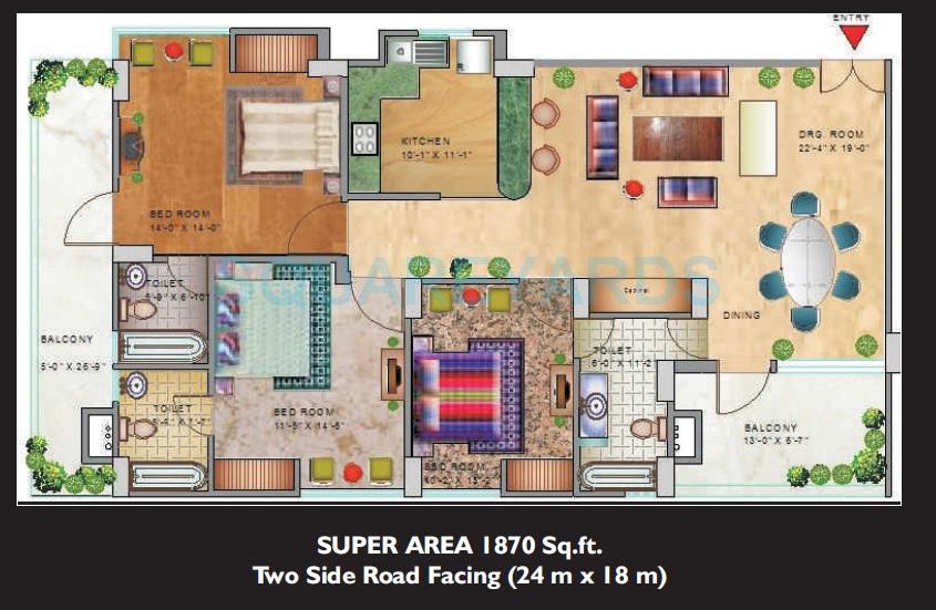 Floor plan of 3 BHK 1870 Sq. Ft. Apartment in Spark Divine, Greater Noida