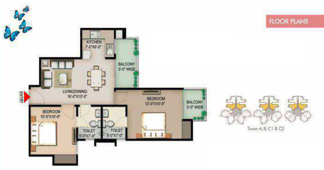 Floor plan of 2 BHK 886 Sq. Ft. Apartment in Spring Meadows, Greater Noida