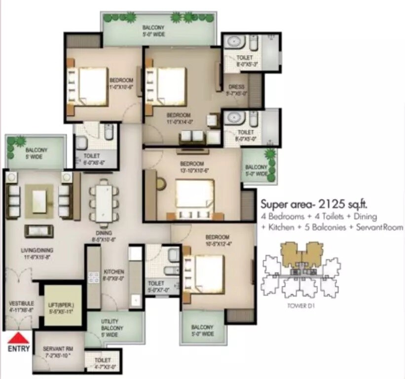 Floor plan of 4 BHK 2125 Sq. Ft. Apartment in Spring Meadows, Greater Noida